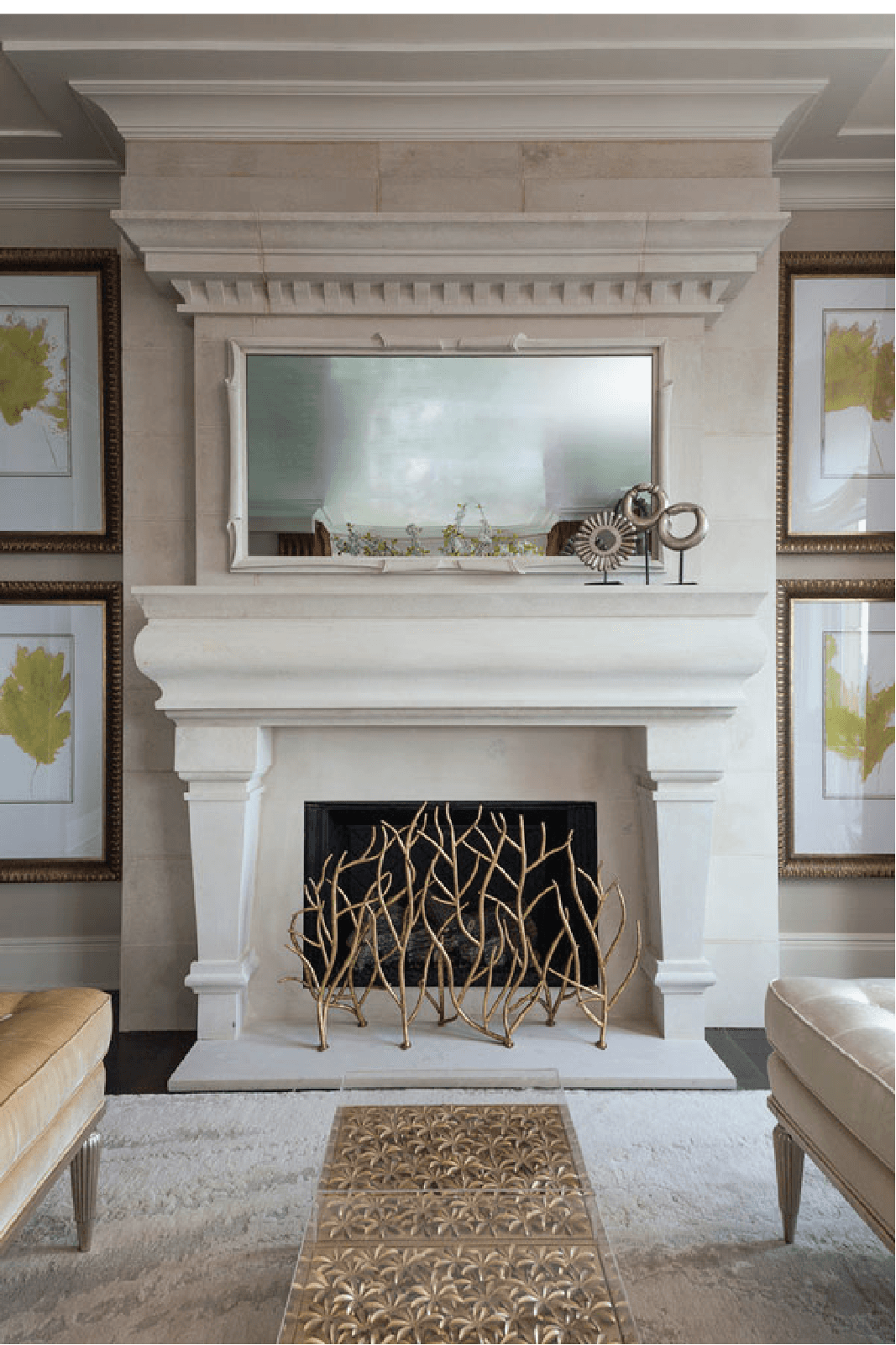 A living room with a fireplace and a mirror
